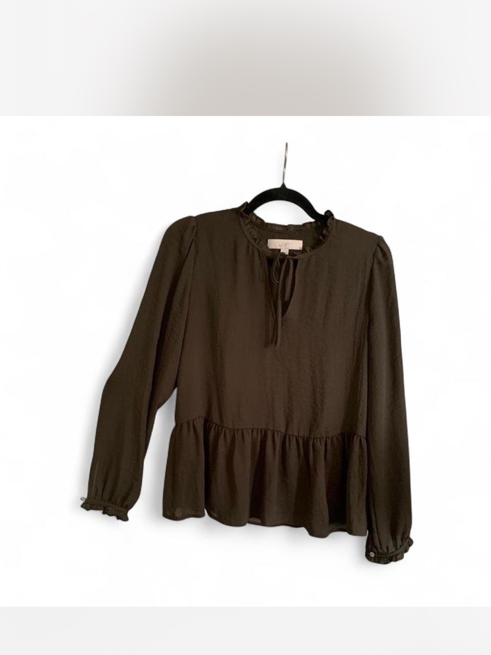 LOFT greenish-gray  Ruffled Peplum Long-Sleeve Blouse size XS
